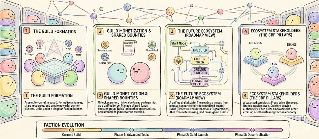Faction Evolution: Guild Formation → Shared Bounties → Future Ecosystem → CBF Pillars